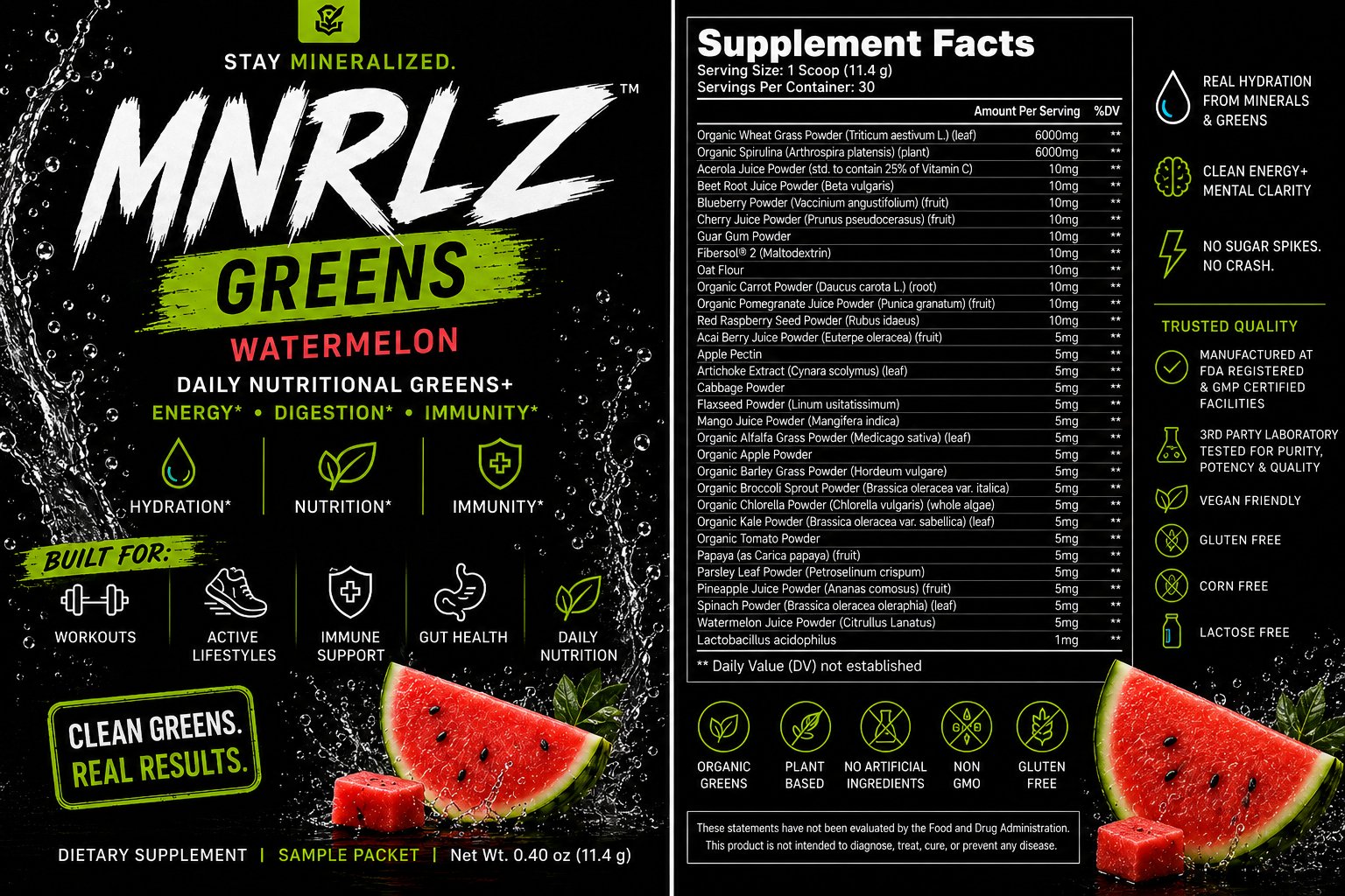 MNRLZ Greens Watermelon Sample Packet & Supplement Facts